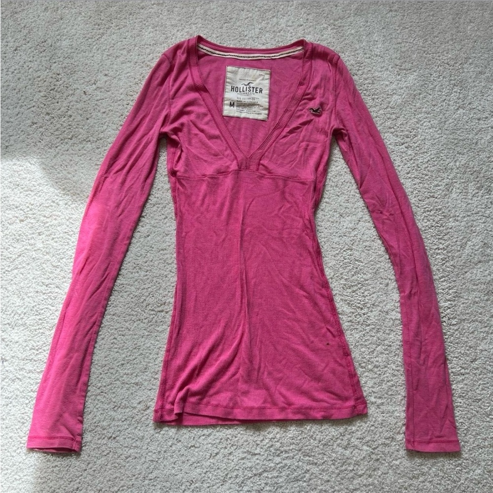 Vintage 2000s Hollister V-Neck Long Sleeve Top Babydoll Size Small Pink Y2K